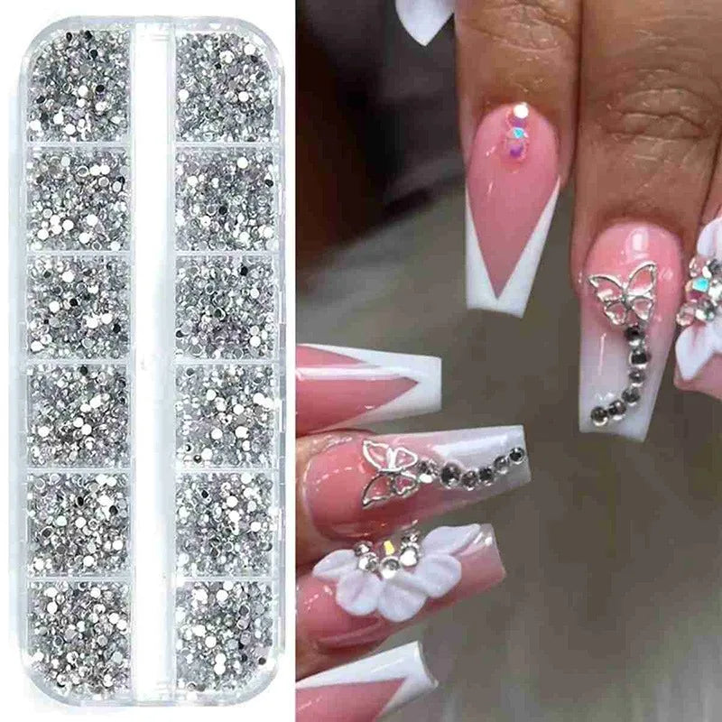 A collection of multi-size flat back acrylic rhinestones for nail art and DIY crafts displayed in a clear packaging.