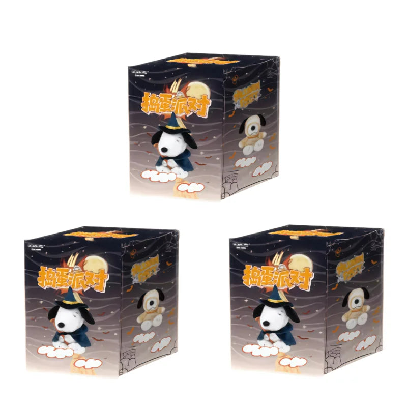 A boxed collectible figure of Snoopy Mischief Party Series featuring the dog in a blue outfit and a yellow hat.