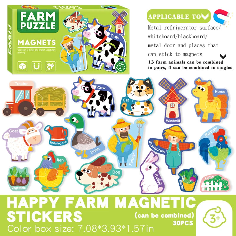A box of farm magnetic stickers featuring animals like cows, cats, horses, goats, and vegetables for a puzzle.