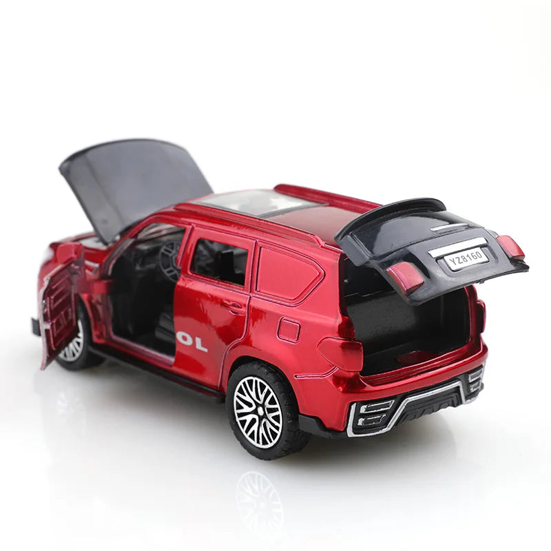 A red 1:36 scale die-cast metal SUV toy with opening doors and pull-back action.