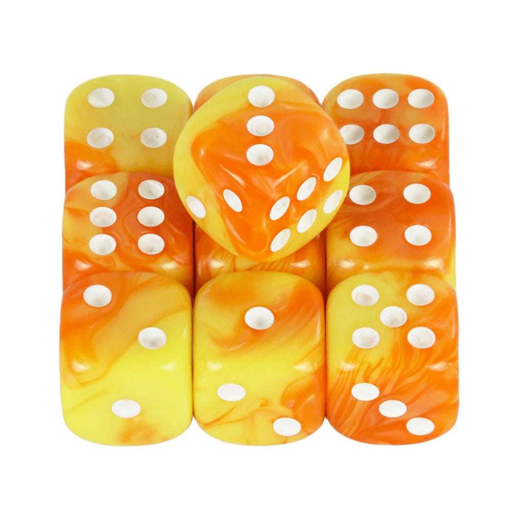 A set of ten mixed-color, translucent dice with orange and yellow swirls and white dots.
