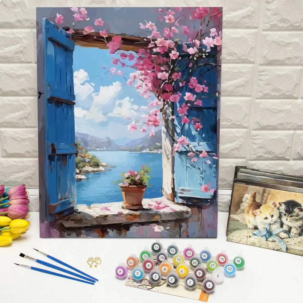 DIY Paint by Number kit featuring a seaside flower window scene painted on canvas.