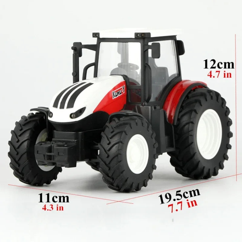 A white and red remote control tractor model with large tires and a cab is shown.