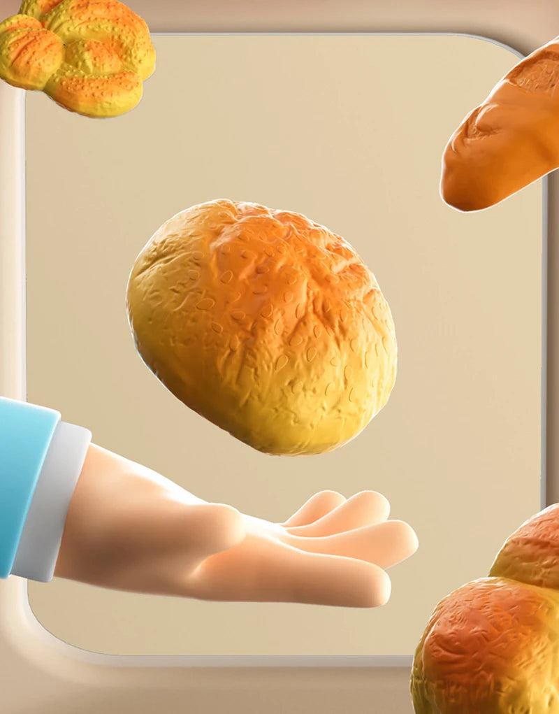 A realistic pretend play food set showing baked bread rolls and a loaf of bread being held by a hand.