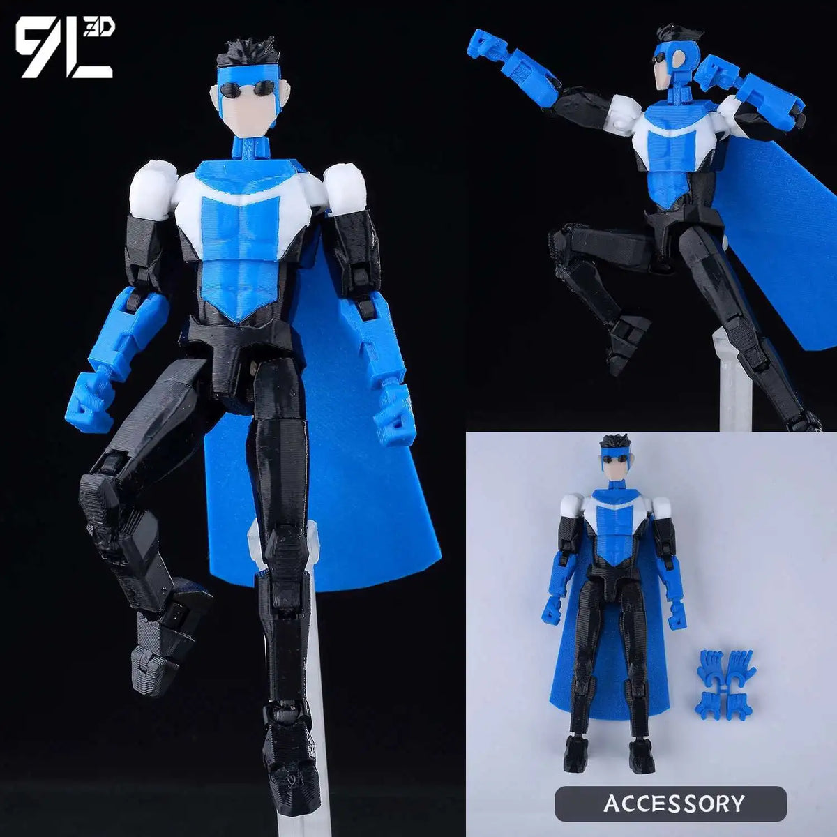 A fully articulated action figure of Yuji Itadori from Jujutsu Kaisen in blue and black, shown in various poses with a blue c
