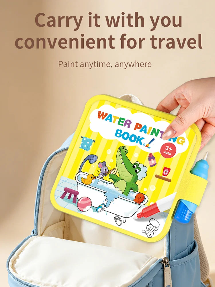 A yellow paint book is shown being carried in a blue backpack, illustrating water painting activities for children.