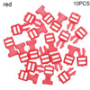 A pile of ten red mini plastic buckles for DIY crafts and outdoor gear.
