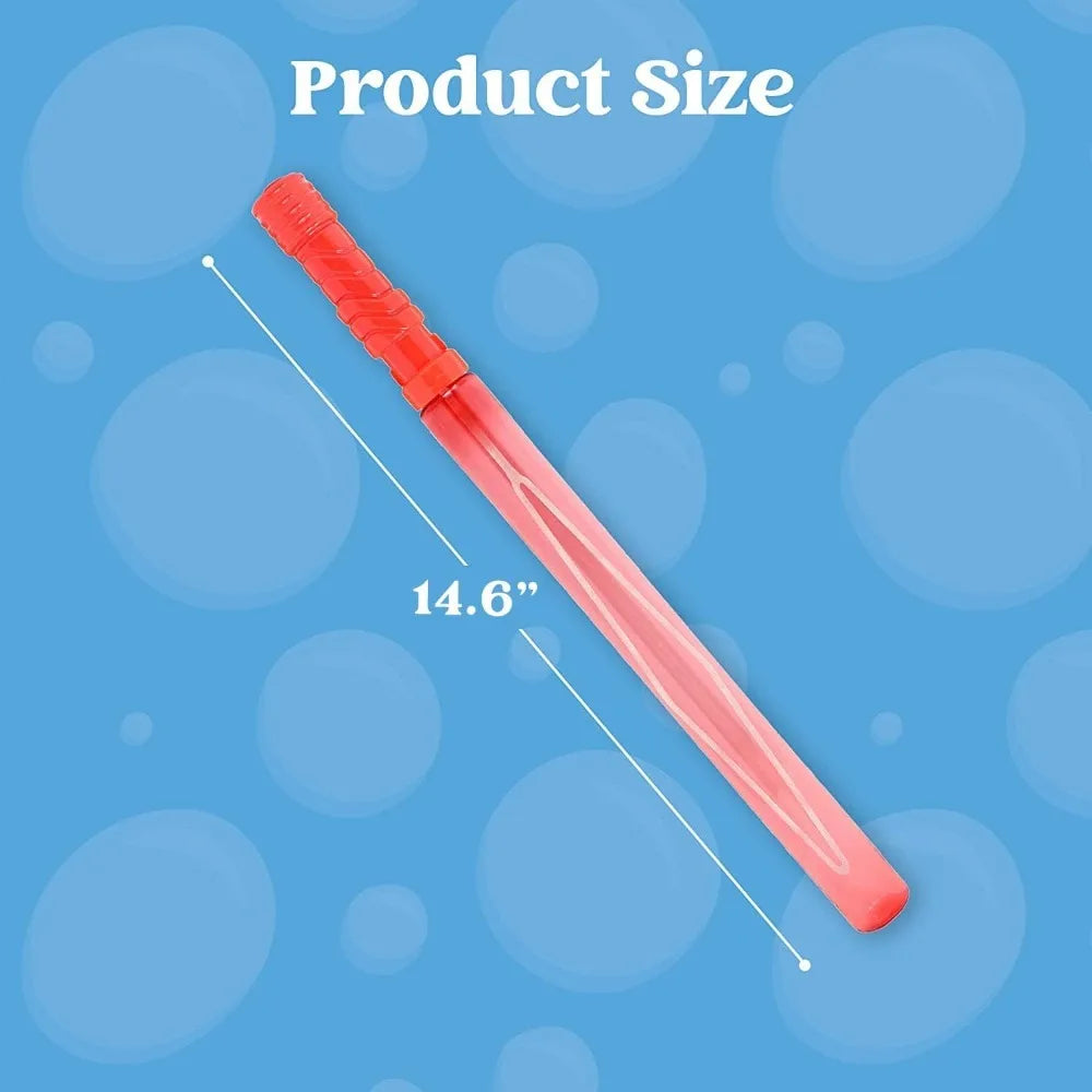 A pink bubble wand with a red handle is shown against a blue background, labeled as product size 14.6 inches.