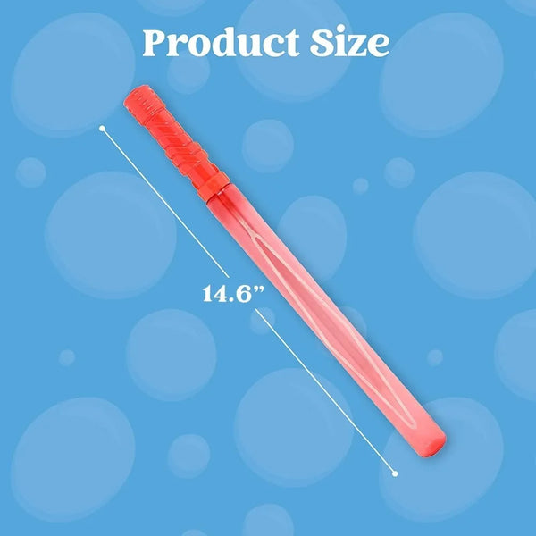 A pink bubble wand with a red handle is shown against a blue background, labeled as product size 14.6 inches.