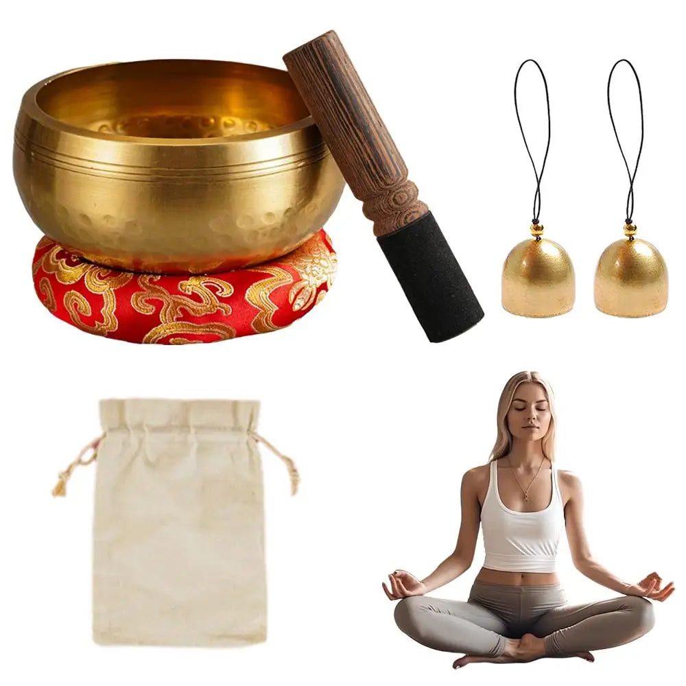 A handcrafted Tibetan singing bowl set includes a brass bowl and a wooden mallet, alongside a beige cloth bag and a woman med