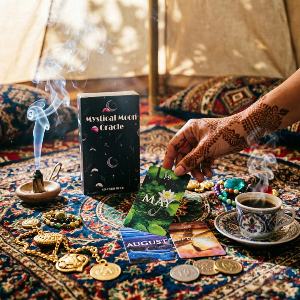 A hand holds a deck of Mystical Moon Oracle cards surrounded by crystals, herbs, and incense on a richly patterned cloth.