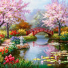 A watercolor painting of a pink cherry blossom bridge over a pond surrounded by lush greenery and colorful flowers.