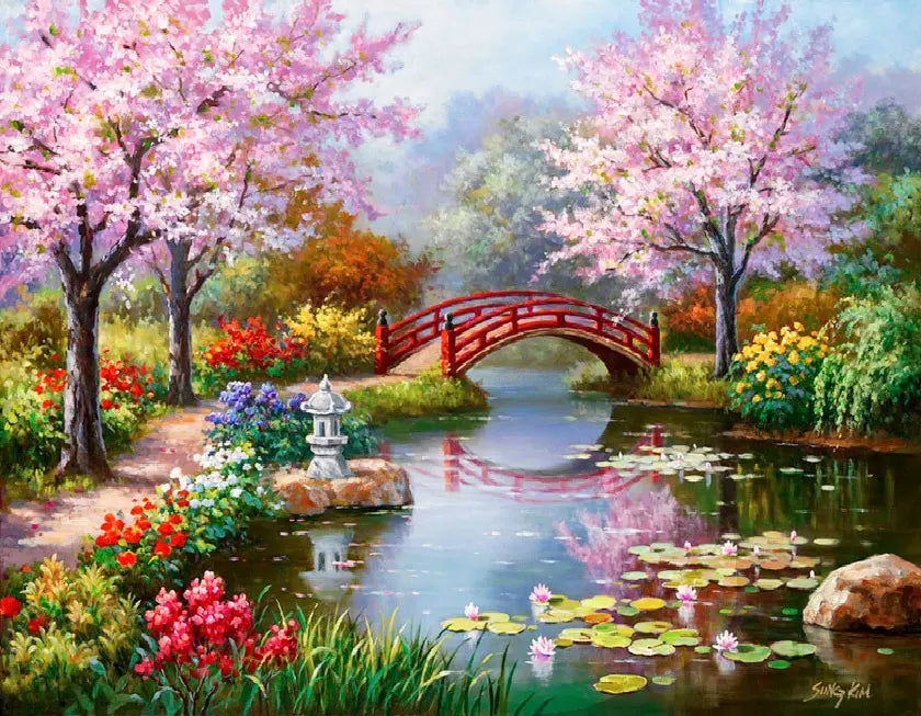 A watercolor painting of a pink cherry blossom bridge over a pond surrounded by lush greenery and colorful flowers.