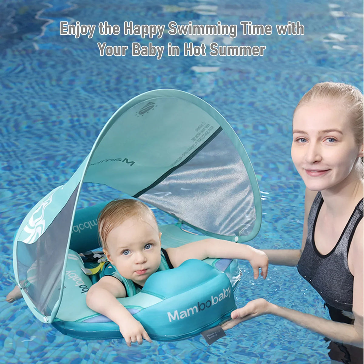 A woman is holding a baby swim float with a canopy and tail support in a swimming pool.