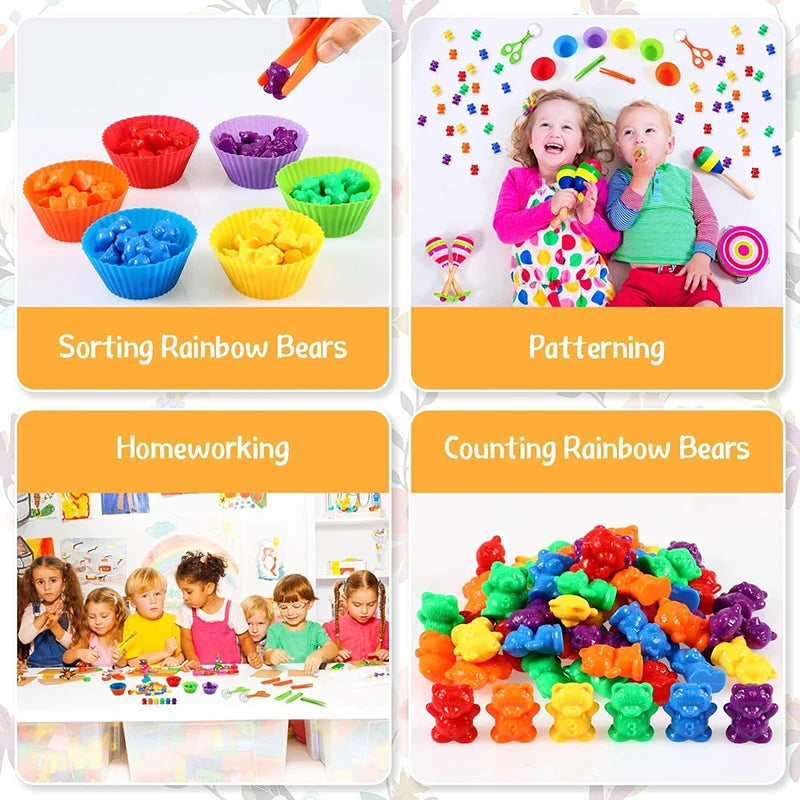 A set of rainbow bears for sorting, patterning, and counting activities with cups and tweezers.
