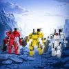 Three red, yellow, and white exoskeleton combat robot building blocks set standing on blue terrain under a bright sky.