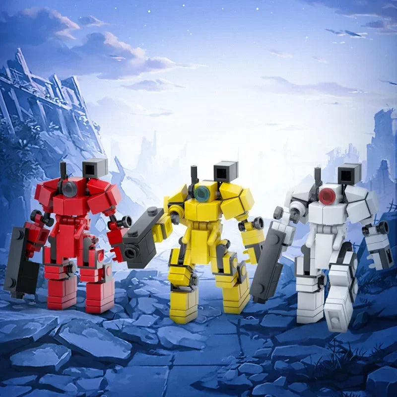 Three red, yellow, and white exoskeleton combat robot building blocks set standing on blue terrain under a bright sky.