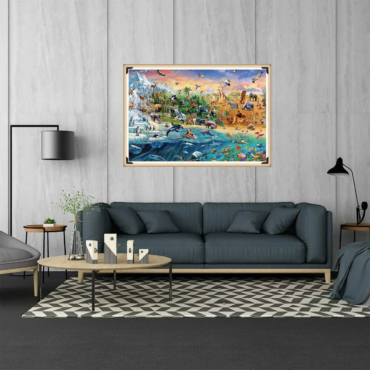 A framed painting depicting a vibrant landscape with birds, animals, and water, displayed above a modern sofa.