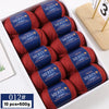 A box containing 10 balls of YEDAN MERINO worsted wool thread yarn in a reddish-brown color.
