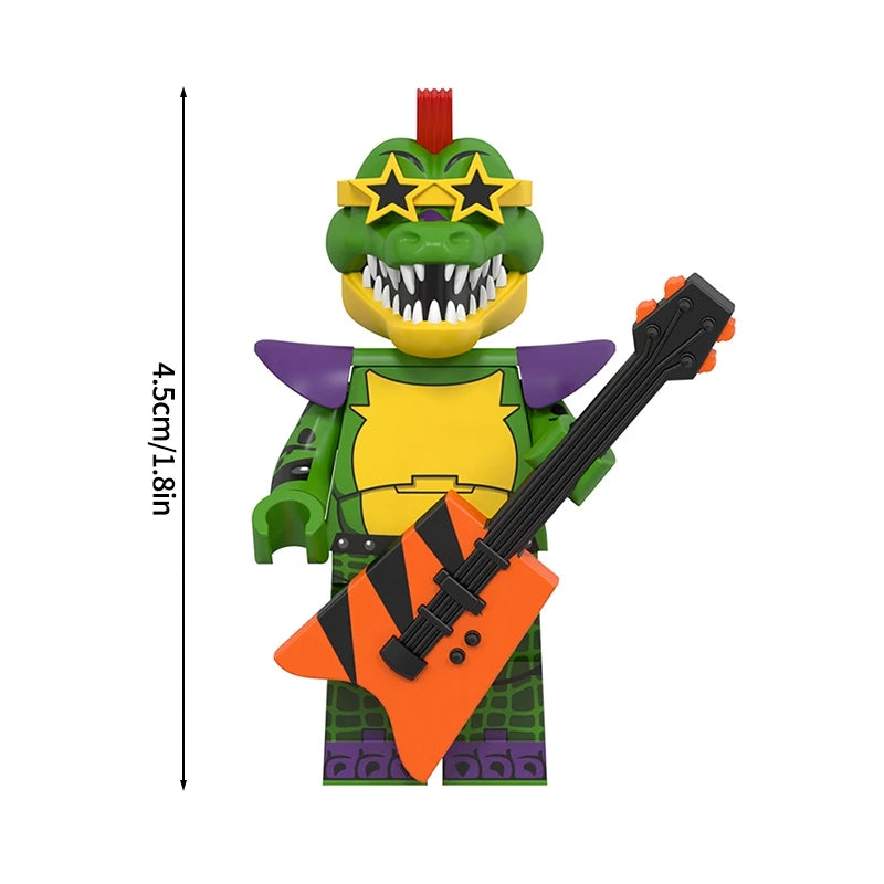 Mini building block figures of Freddy's Bonnie and friends, featuring green dinosaur-like characters and a guitar.