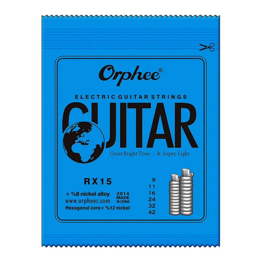 A package of Orphee RX15 electric guitar strings in a blue and black design.