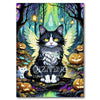 A black cat with glowing yellow eyes and white fur is surrounded by green foliage and glowing lanterns in a forest setting.