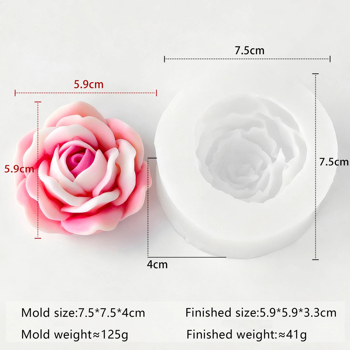 A white silicone mold shaped like a pink rose flower, showing its dimensions and weight.