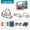 A set of 138 pieces for a kids flexible anti-gravity race car track featuring LED cars and accessories.