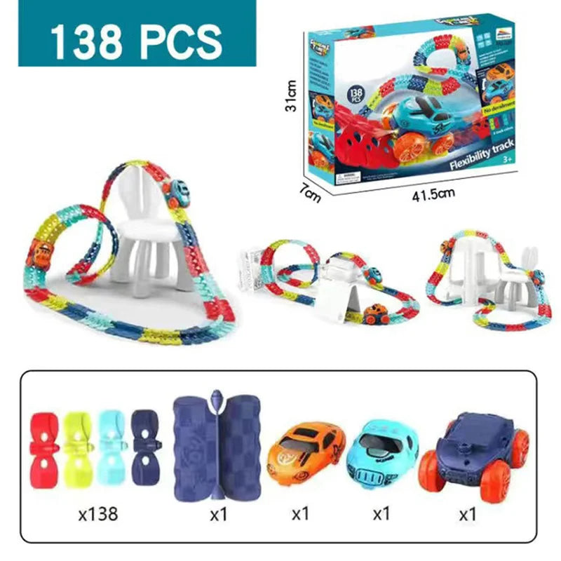 A set of 138 pieces for a kids flexible anti-gravity race car track featuring LED cars and accessories.