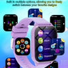 A purple kids smart watch displaying multiple customizable styles and functions like sleep, camera, and stopwatch.