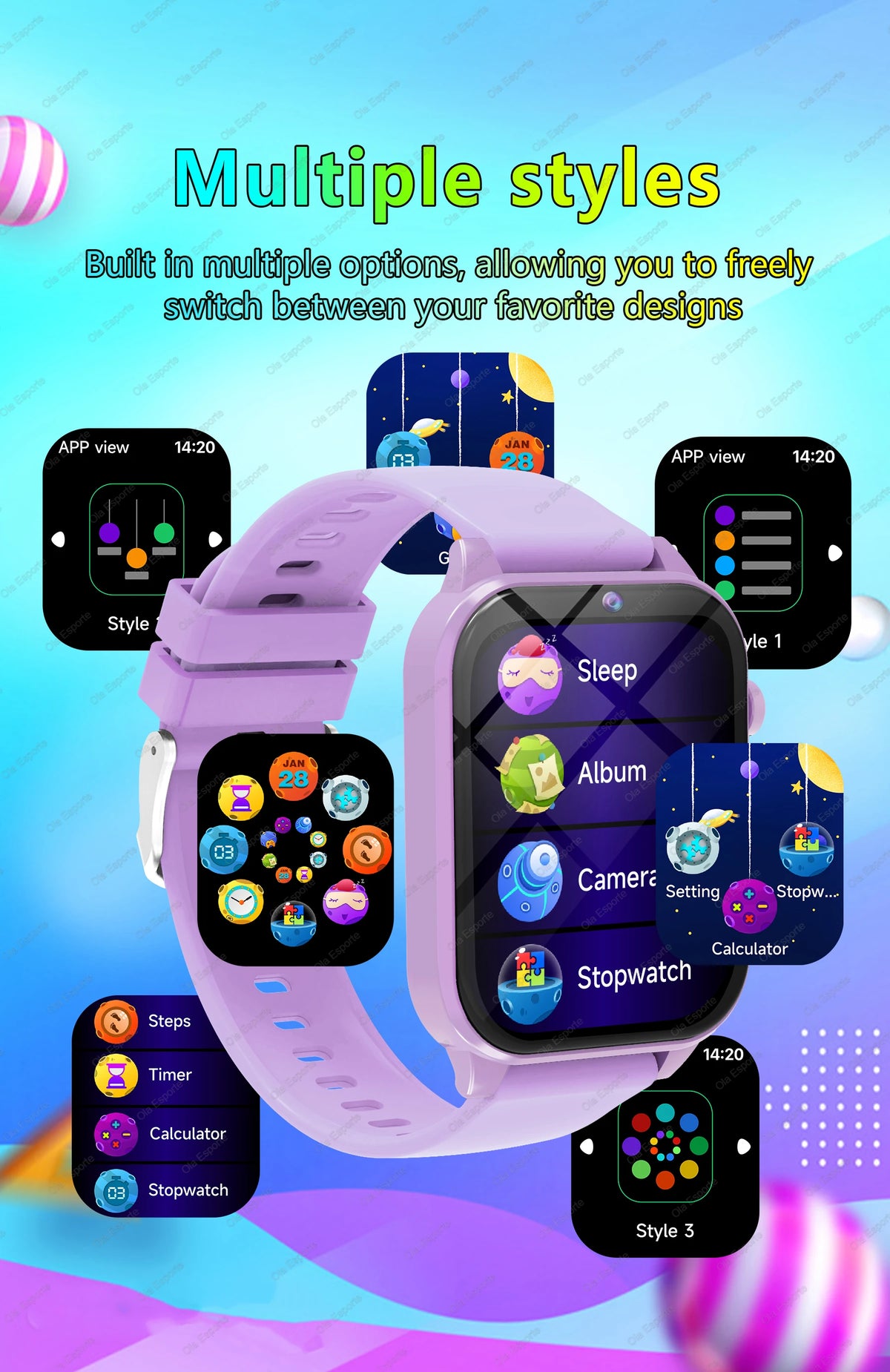 A purple kids smart watch displaying multiple customizable styles and functions like sleep, camera, and stopwatch.