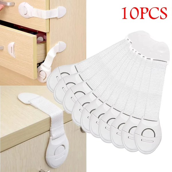Ten white child safety cabinet lock sets with adjustable straps and latches