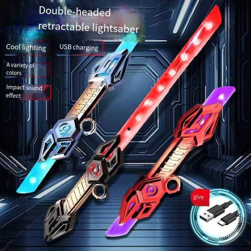 A double-headed retractable lightsaber toy featuring various colors, USB charging, and sound effects.