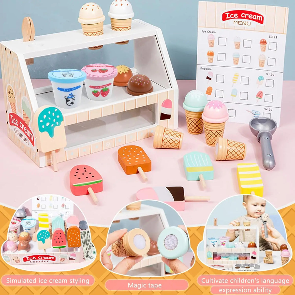 A wooden ice cream counter play set with various ice cream molds and accessories for children