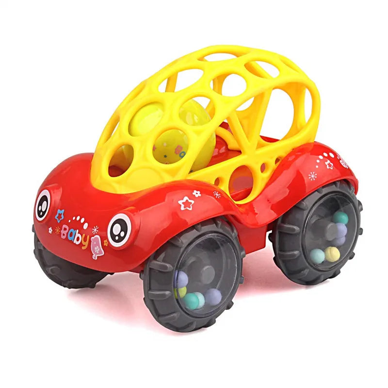 A red and yellow soft rubber push and go friction car toy set with rattle features for babies