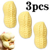Three yellow squishy stress relief toys shaped like peanuts, showing the product and packaging.