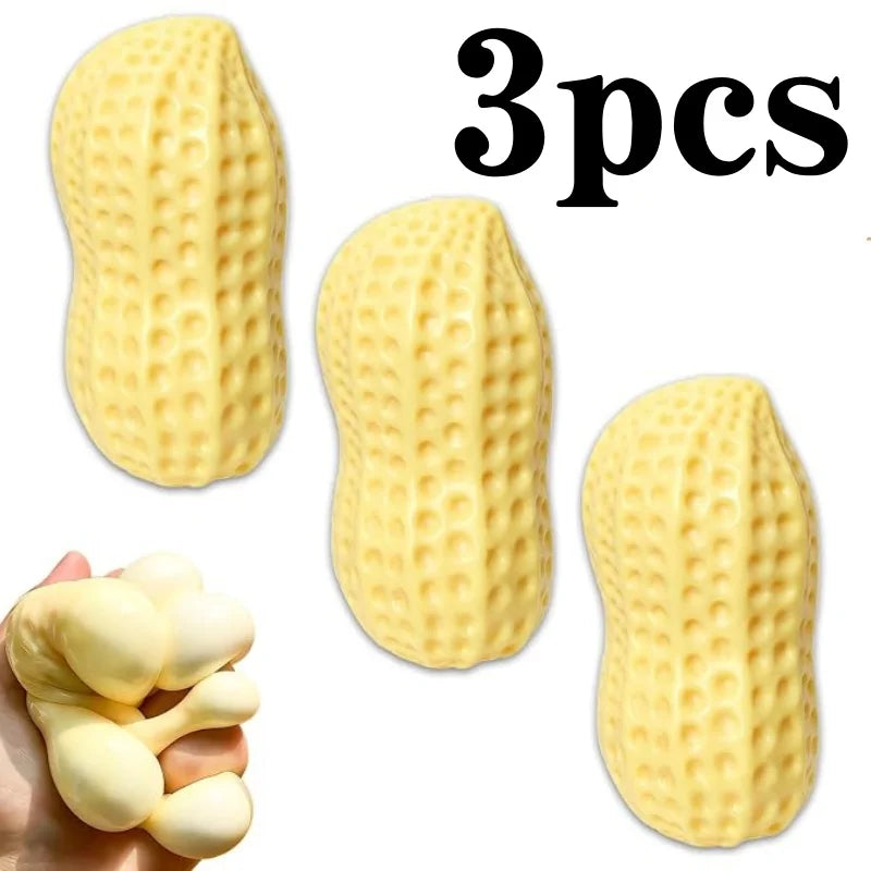 Three yellow squishy stress relief toys shaped like peanuts, showing the product and packaging.
