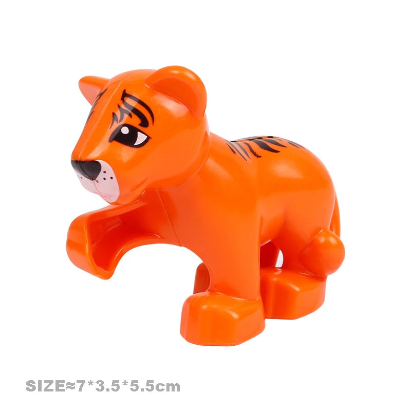 An orange plastic lion building block toy featuring black stripes and facial details.