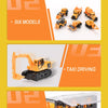 A diecast construction vehicle playset featuring six yellow and orange trucks, including a taxi driving model and a carry the