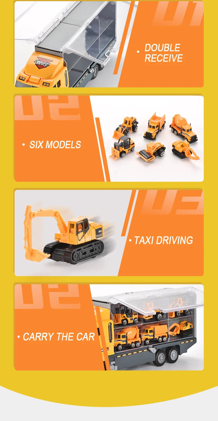 A diecast construction vehicle playset featuring six yellow and orange trucks, including a taxi driving model and a carry the