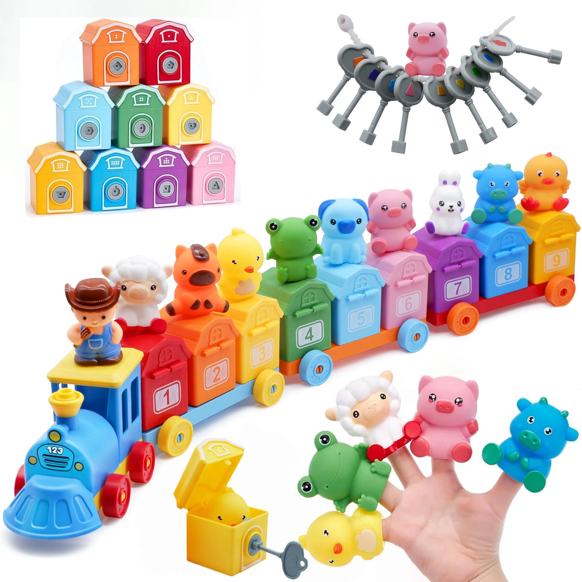 A colorful toddler counting and sorting train set featuring farm animals and various colored blocks.