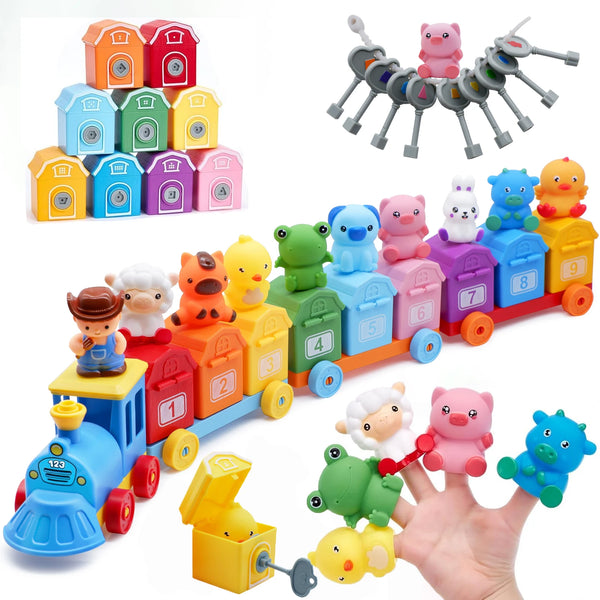 A colorful toddler counting and sorting train set featuring farm animals and various colored blocks.