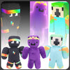 Three purple and light blue plush toys resembling parrots or birds with pixelated faces