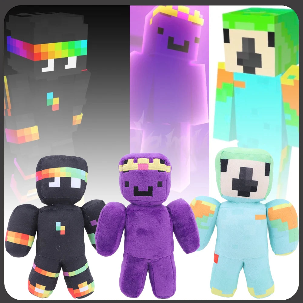 Three purple and light blue plush toys resembling parrots or birds with pixelated faces