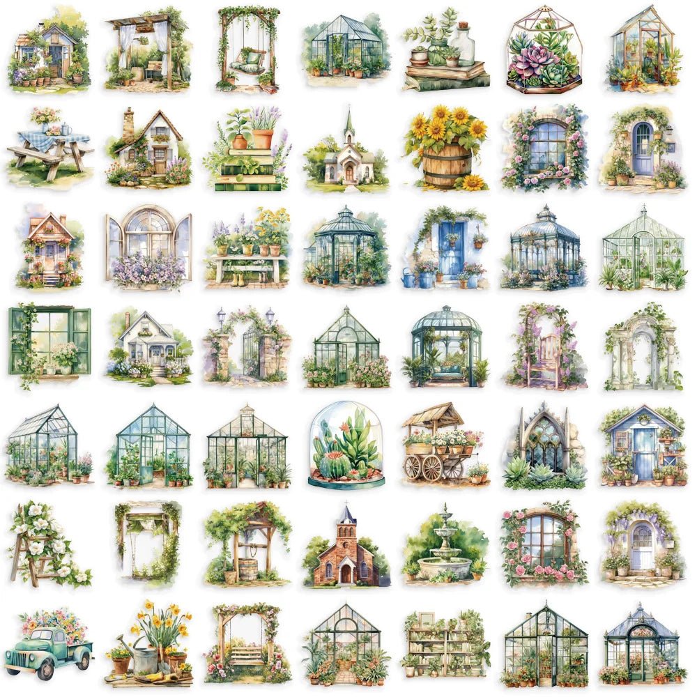 A collection of various botanical and garden-themed stickers featuring flowers, plants, and outdoor scenes.