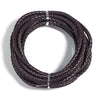 A round braided leather cord in dark brown is shown coiled for jewelry making and DIY crafts.