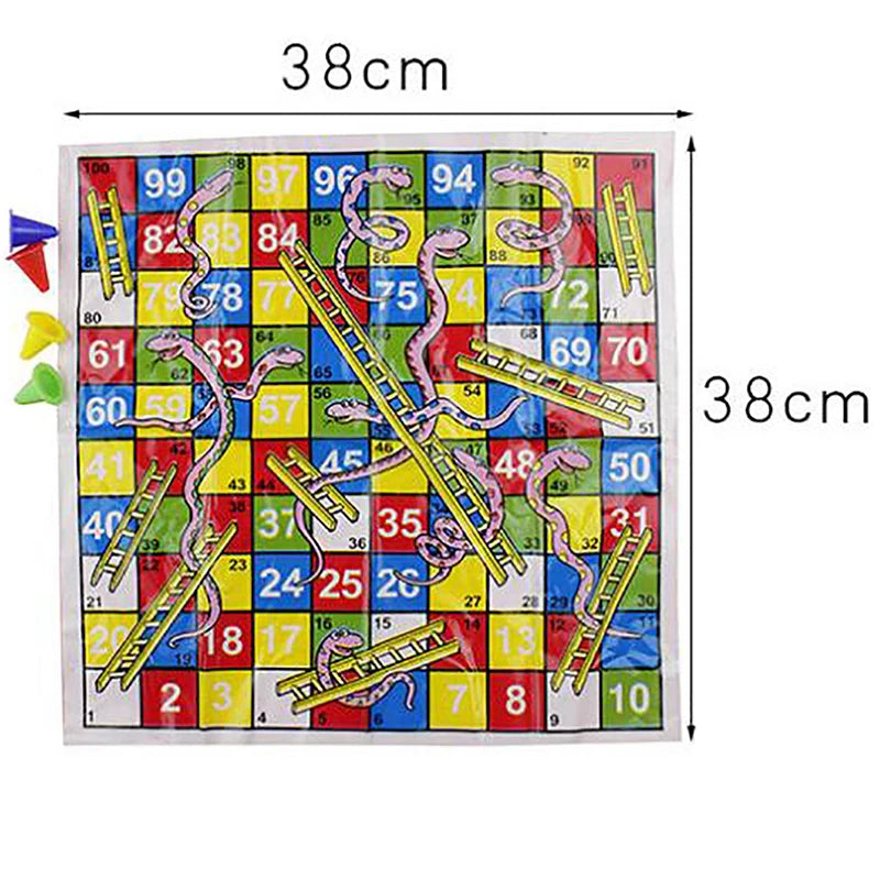 A colorful Snakes and Ladders board game mat showing a winding path with numbered squares and ladders for play.