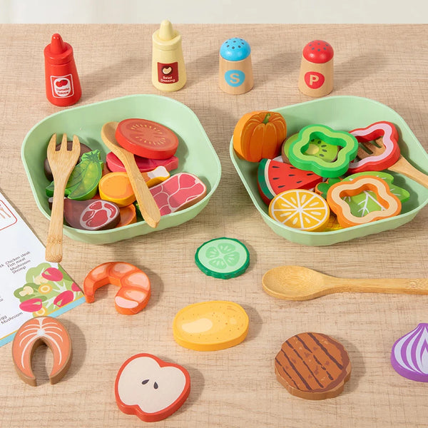 A wooden salad pretend play food set featuring various colored and shaped foods in plastic and wood containers.