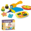 A yellow and blue DIY pasta machine set with various colored dough pieces and a red plate of pasta.