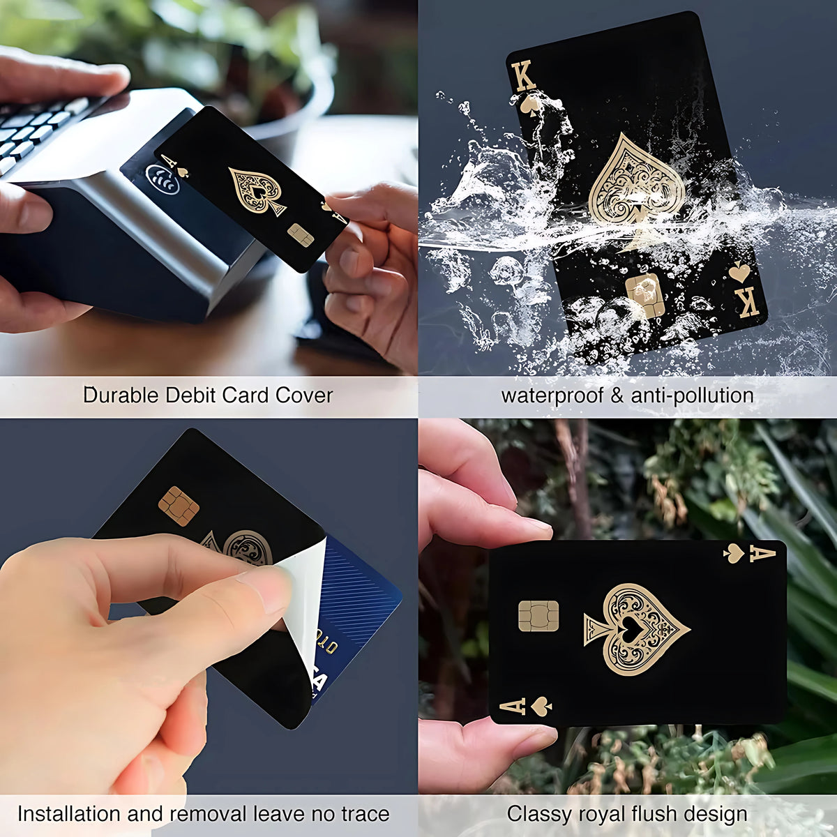 Demonstration of a durable debit card cover featuring a classy royal flush design and waterproof finish.